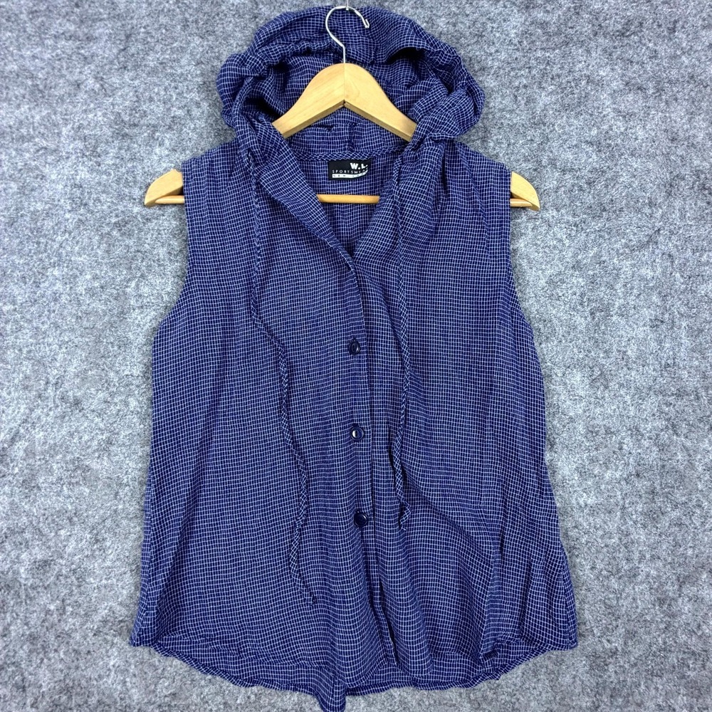 Vintage W.L. Sportswear New York Sleeveless Hooded Top Women S Blue Plaid Preppy